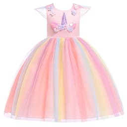image-Halloween Unicorn Ruffle Sleeve Rainbow Dress - Light Blue, 3-8 Years