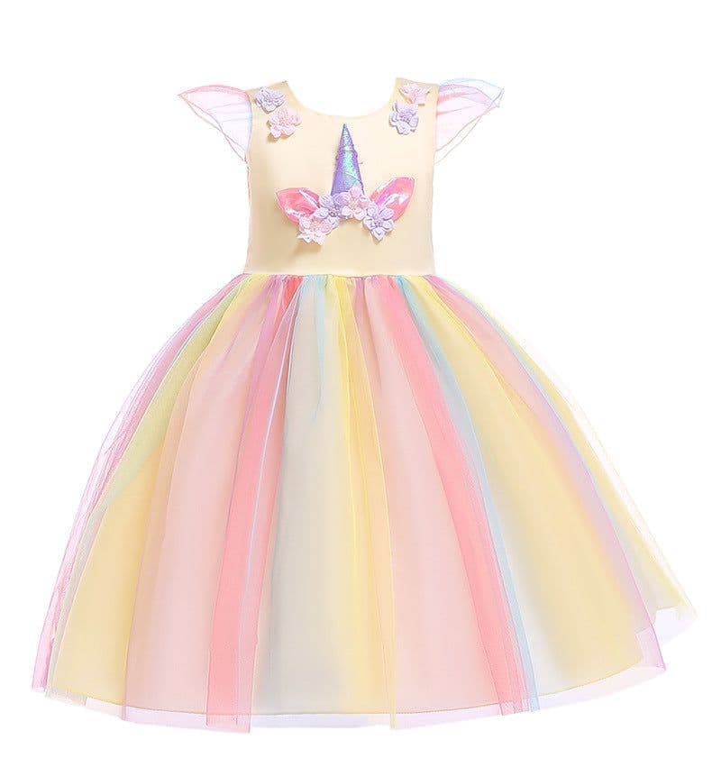 image-Halloween Unicorn Ruffle Sleeve Rainbow Dress - Light Blue, 3-8 Years
