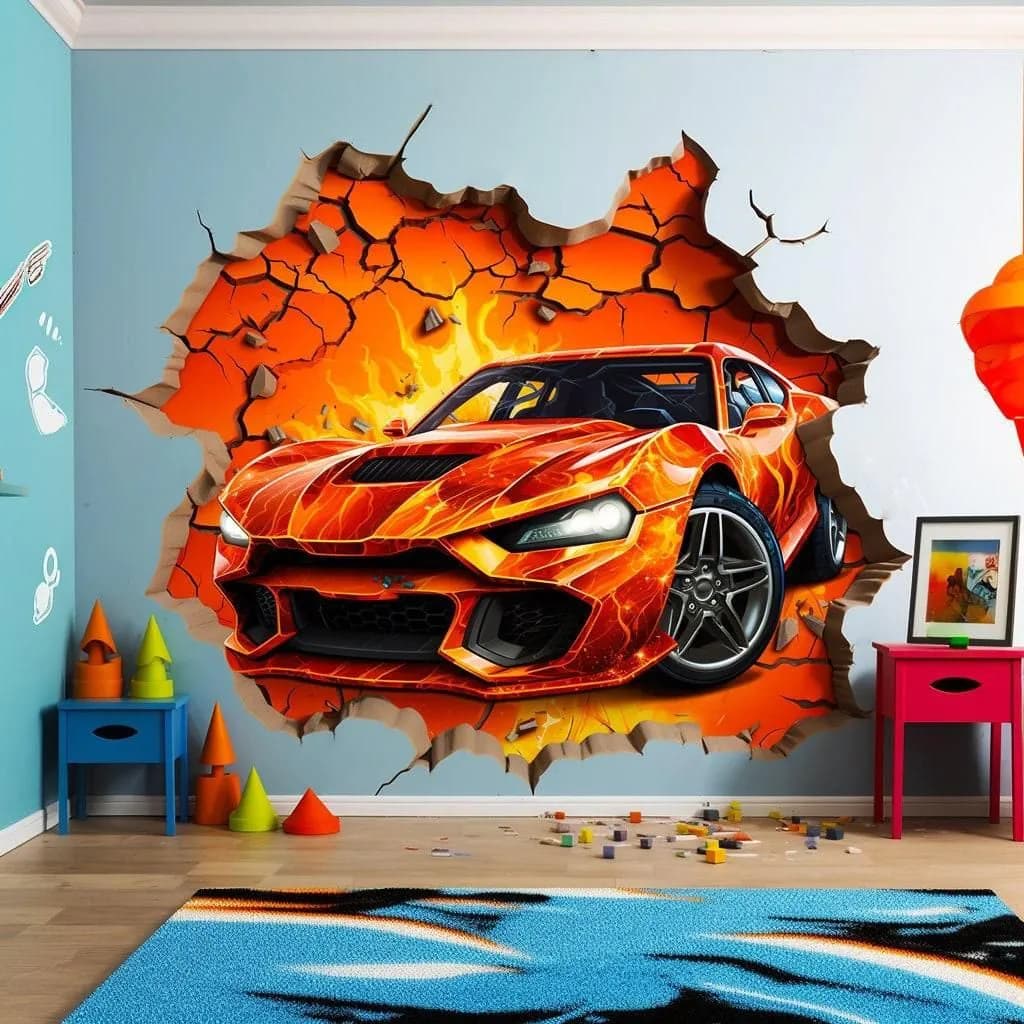 image-3D Fire Car Wall Sticker - Dynamic Crack Auto in Hole Art Decal - Boys Bedroom Broken Smashed Wall Vehicle Mural Decor - Sports Car Sticker