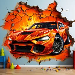 image-3D Fire Car Wall Sticker - Dynamic Crack Auto in Hole Art Decal - Boys Bedroom Broken Smashed Wall Vehicle Mural Decor - Sports Car Sticker