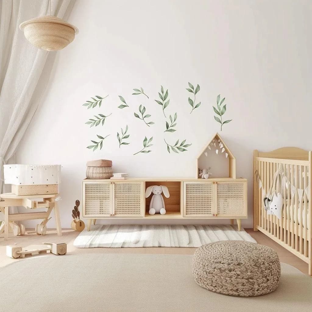 image-Watercolor Leaf Wall Decals | Boho Green Leaf Sticker Set | Nursery Wall Decor | Botanical Kids Room Decoration | Serene Room Wall Art