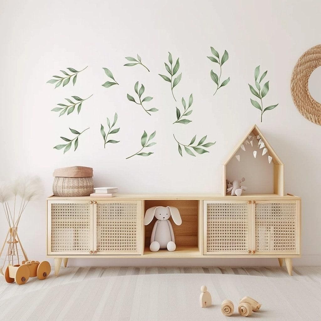 image-Watercolor Leaf Wall Decals | Boho Green Leaf Sticker Set | Nursery Wall Decor | Botanical Kids Room Decoration | Serene Room Wall Art