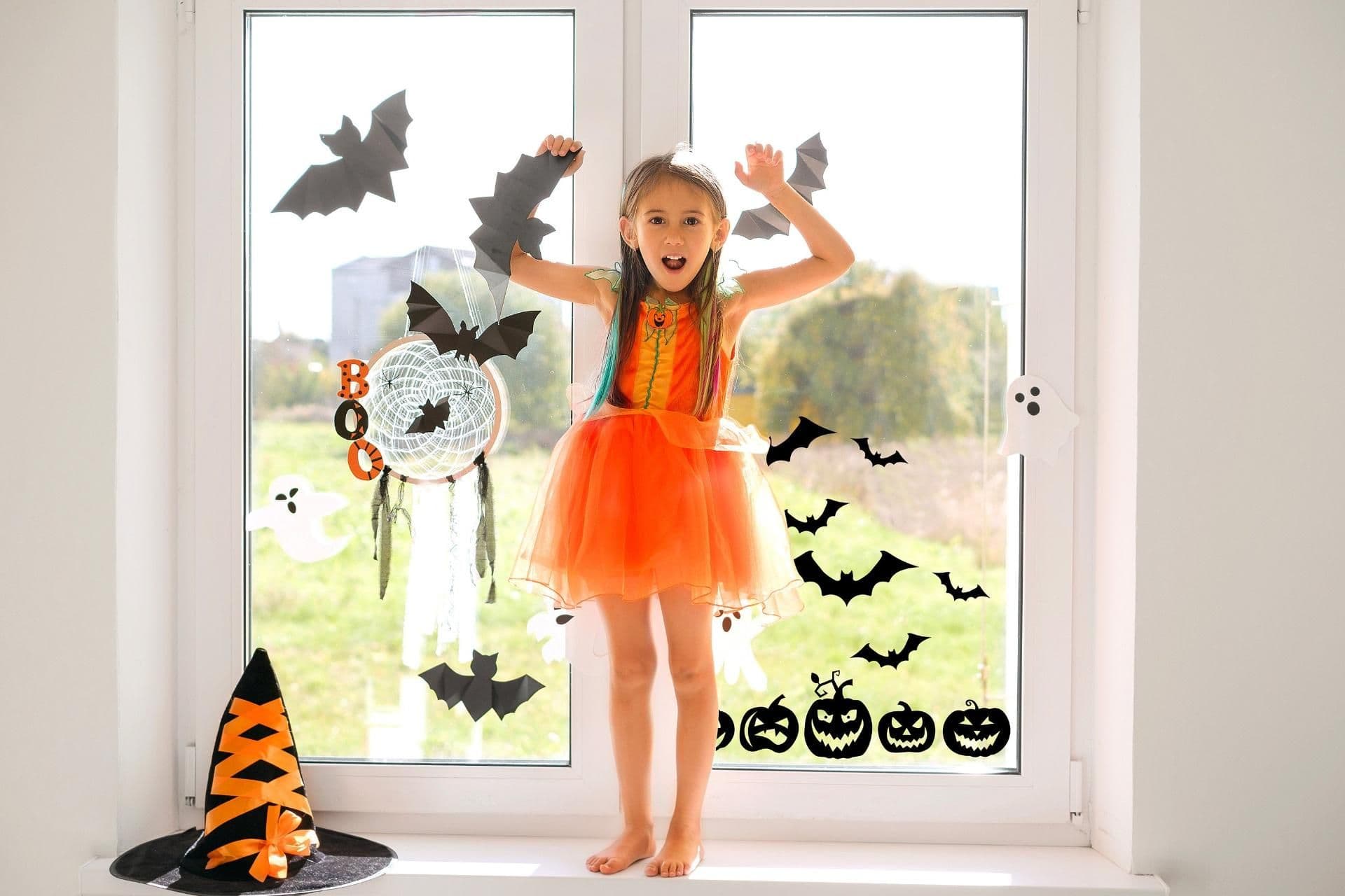 image-Halloween Window Decals - Spooky Delights with Festive Pumpkins and Bats Display Stickers
