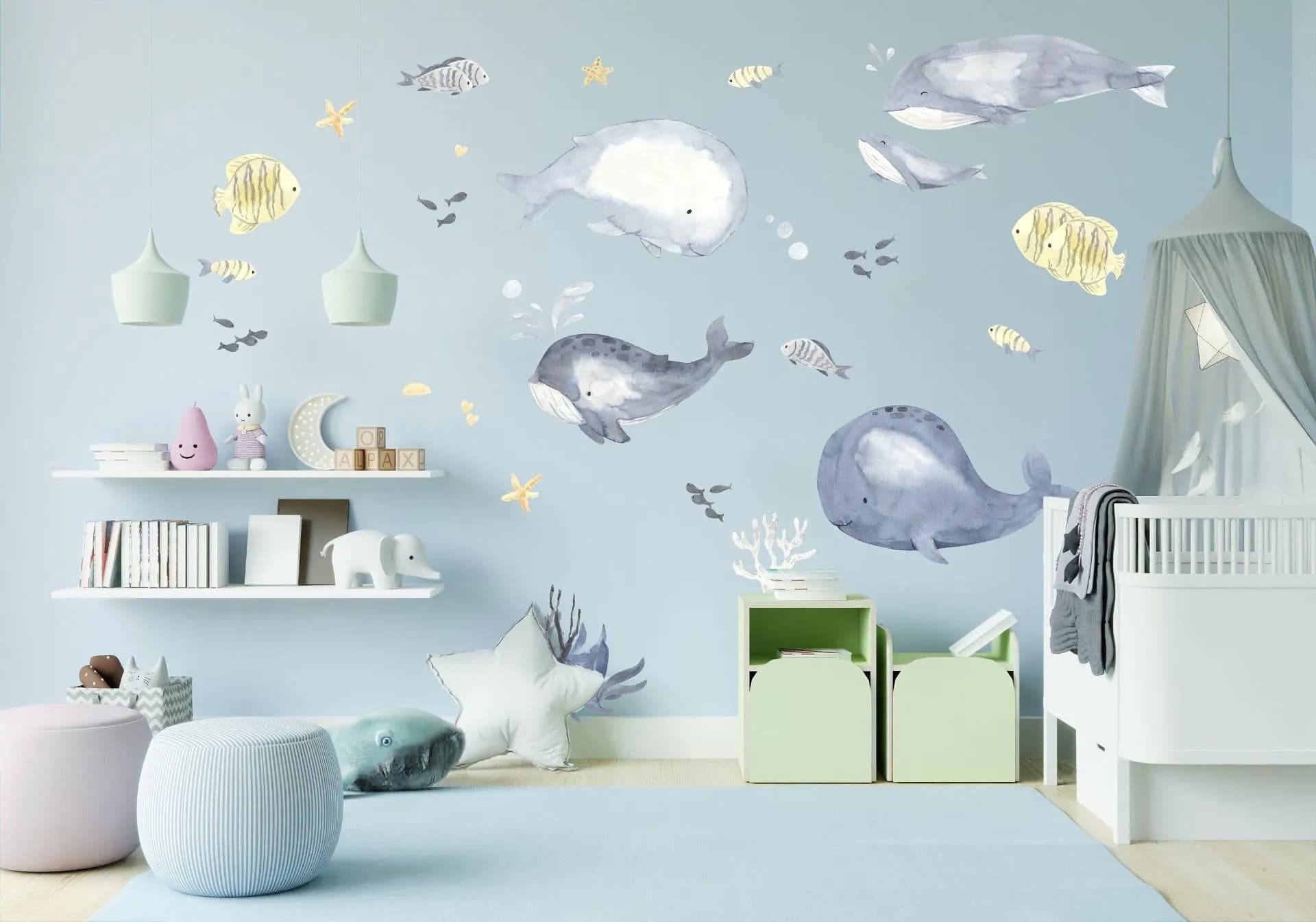 image-Sea Whales Wall Sticker For Kids Room Decor - Fish Theme Baby Boy Nursery Decal