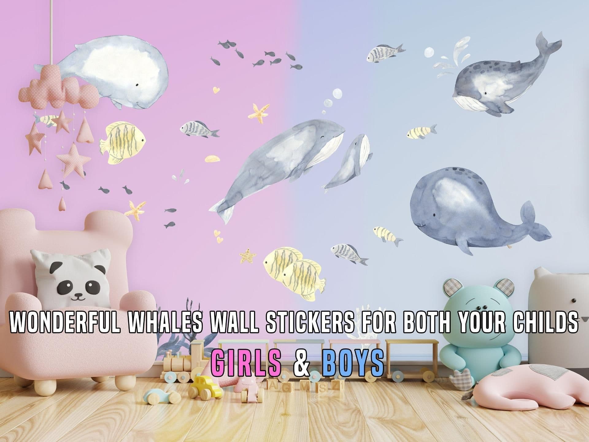 image-Sea Whales Wall Sticker For Kids Room Decor - Fish Theme Baby Boy Nursery Decal