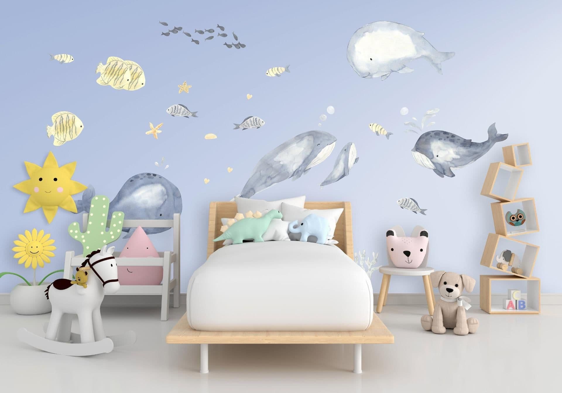 image-Sea Whales Wall Sticker For Kids Room Decor - Fish Theme Baby Boy Nursery Decal