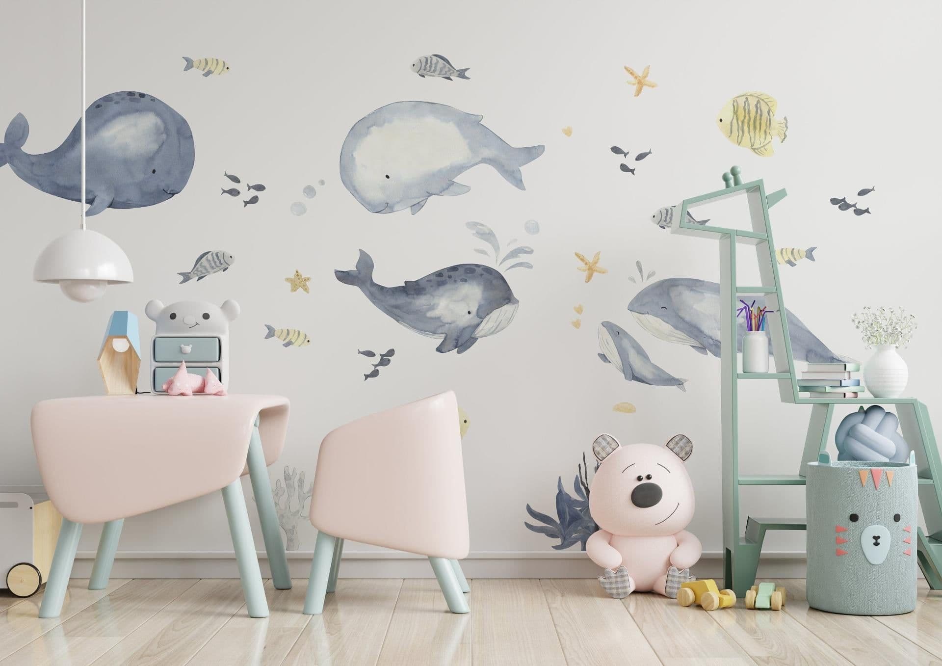 image-Ocean Whales Wall Sticker For Kids Room Decor - Fish Theme Baby Boy Nursery Decal