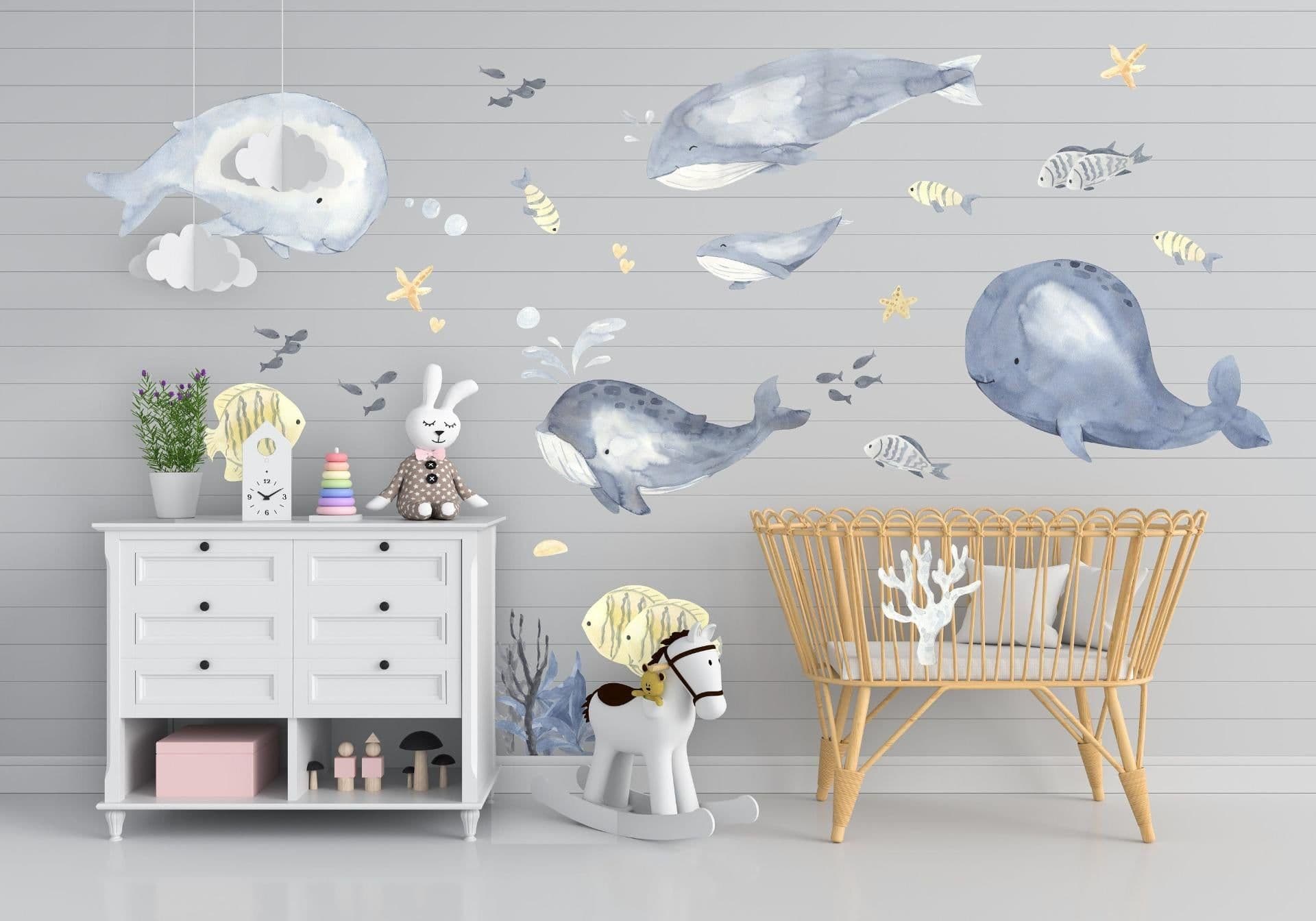 image-Ocean Whales Wall Sticker For Kids Room Decor - Fish Theme Baby Boy Nursery Decal