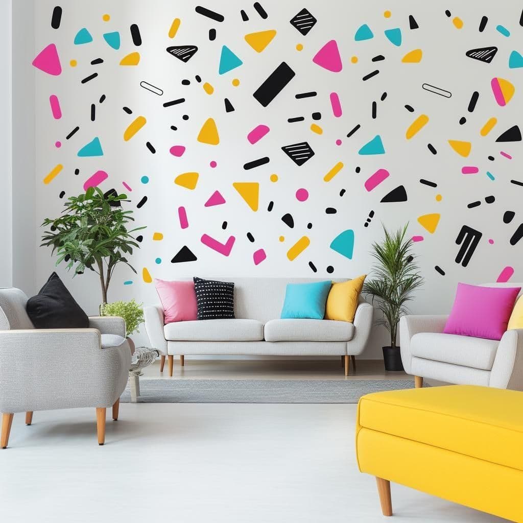 image-Memphis Pattern Wall Decal | Colorful Geometric Shape Stickers | Removable Modern Art Wall Decor for Living Room, Office, or Kids Room