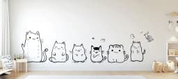image-Cute Cat Wall Decal Set | Cartoon Animal Sticker Art for Kids Room | Cat Wall Stickers | Nursery Playroom Decor | Renter Friendly Decals