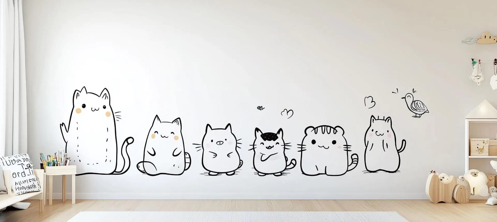 image-Cute Cat Wall Decal Set | Cartoon Animal Sticker Art for Kids Room | Cat Wall Stickers | Nursery Playroom Decor | Renter Friendly Decals