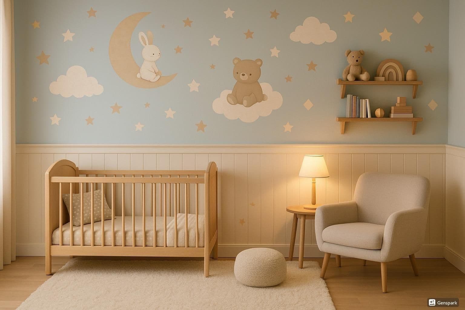 image-Nursery Wall Decal Set | Bunny on Moon, Bear on Cloud, Stars and Clouds Stickers | Baby Room Vinyl Wall Decor | Cute Animal Wall Stickers