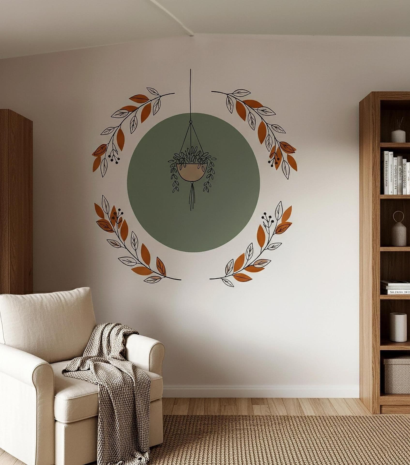 image-Hanging Plant Wall Decal | Botanical Circle Wall Art | Modern Boho Vinyl Wall Sticker | Minimalist Leaf Wreath Mural Green Terracotta Decor