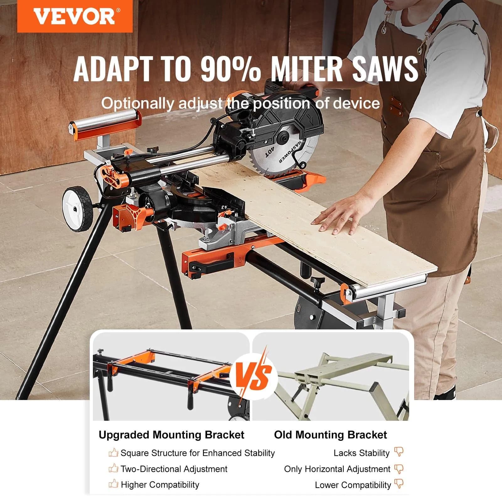 image-VEVOR Support pour Scie à Onglet Universel Capacité de Charge 249,5 kg, Piètement pour Scie Pliable en Acier, Hauteur et Longueur Réglables, avec Pince de Supports de Montage Monobloc, Portable
