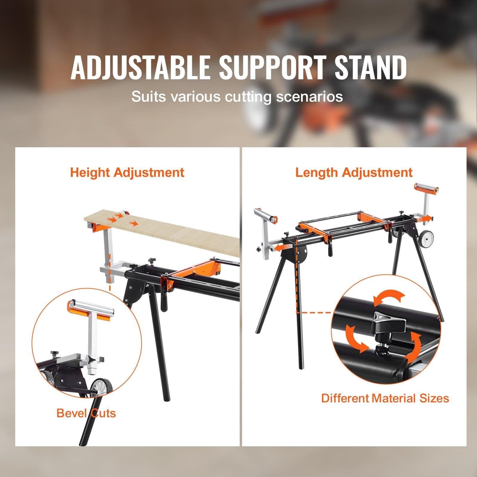 image-VEVOR Support pour Scie à Onglet Universel Capacité de Charge 249,5 kg, Piètement pour Scie Pliable en Acier, Hauteur et Longueur Réglables, avec Pince de Supports de Montage Monobloc, Portable