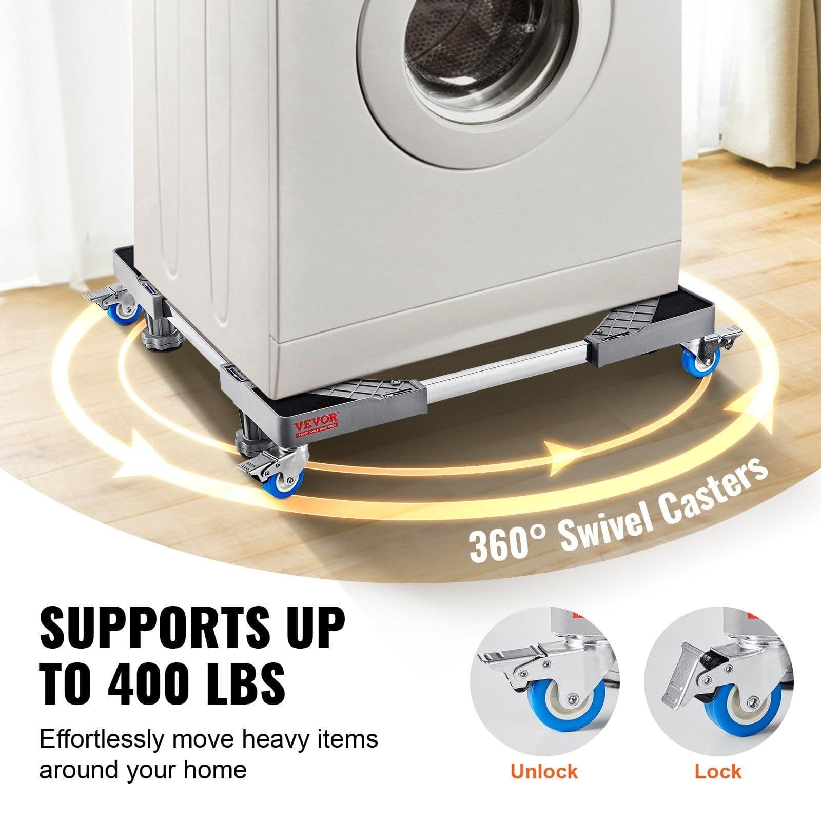 image-VEVOR support réglable pour machine à laver, mini-réfrigérateur, charge de 181,44 kg, 4 roues