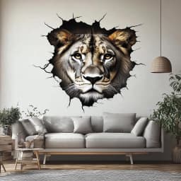 image-3D Lion Wall Decal | Realistic Cracked Wall Safari Mural | Wild Animal Vinyl Sticker | Living Room Office Statement Art | Peel & Stick