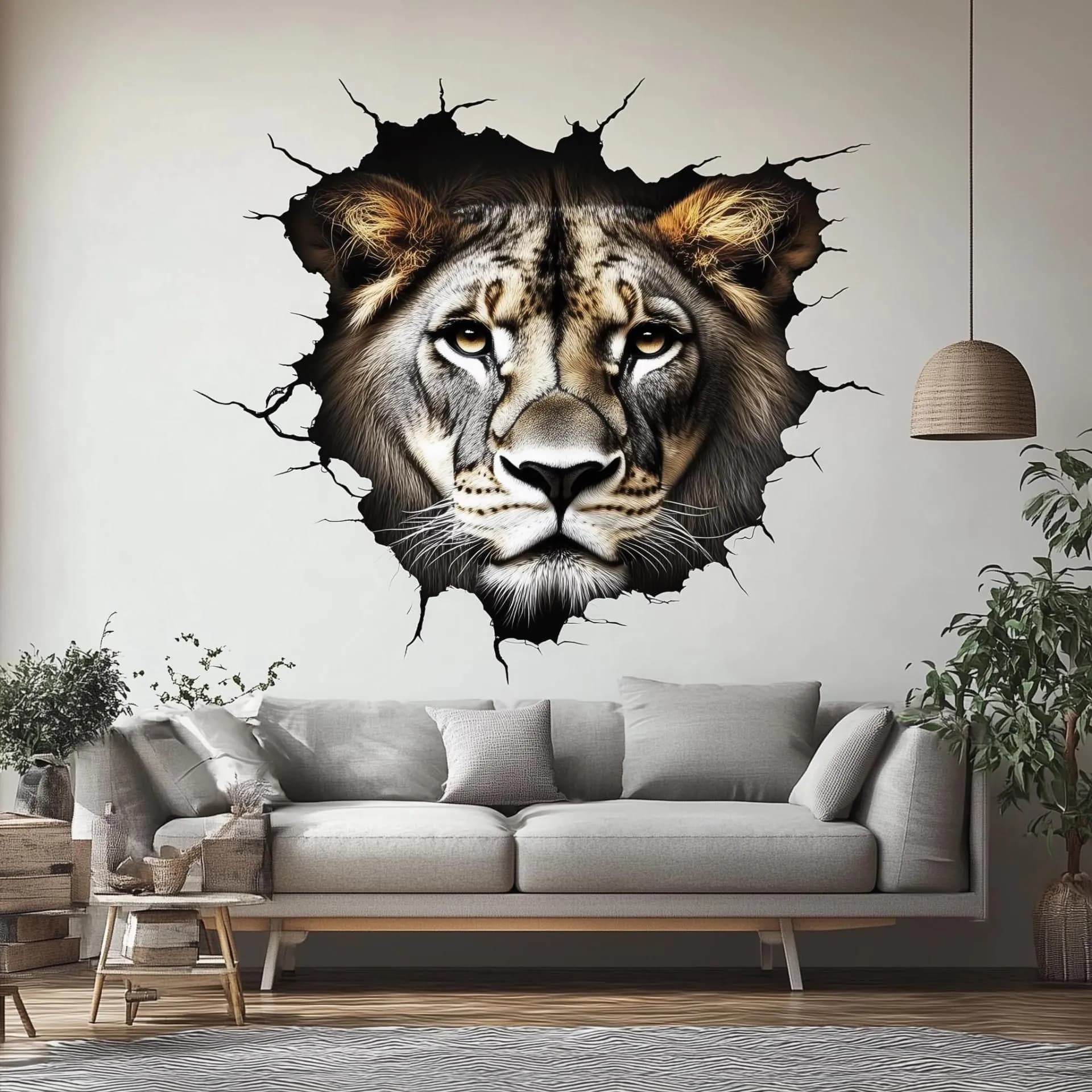 image-3D Lion Wall Decal | Realistic Cracked Wall Safari Mural | Wild Animal Vinyl Sticker | Living Room Office Statement Art | Peel & Stick