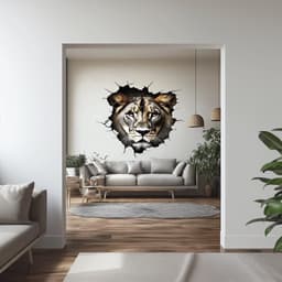image-3D Lion Wall Decal | Realistic Cracked Wall Safari Mural | Wild Animal Vinyl Sticker | Living Room Office Statement Art | Peel & Stick