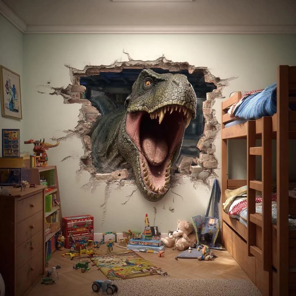 image-T-Rex Dinosaur Wall Decal | 3D Breakthrough Wall Sticker for Kids Room | Hyper Realistic TRex Mural | Dinosaur Bedroom Decor Boys Room Gift