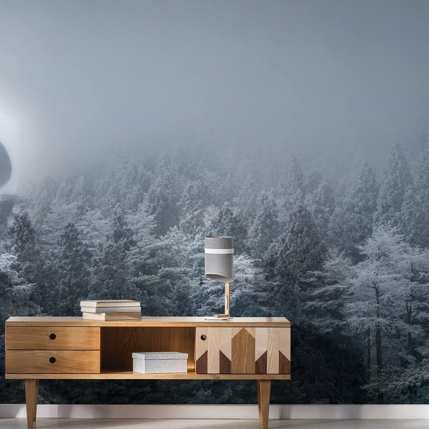 image-Misty Pine Hill Wall Mural: Enchanting Forest Artwork for Transformative Ambiance