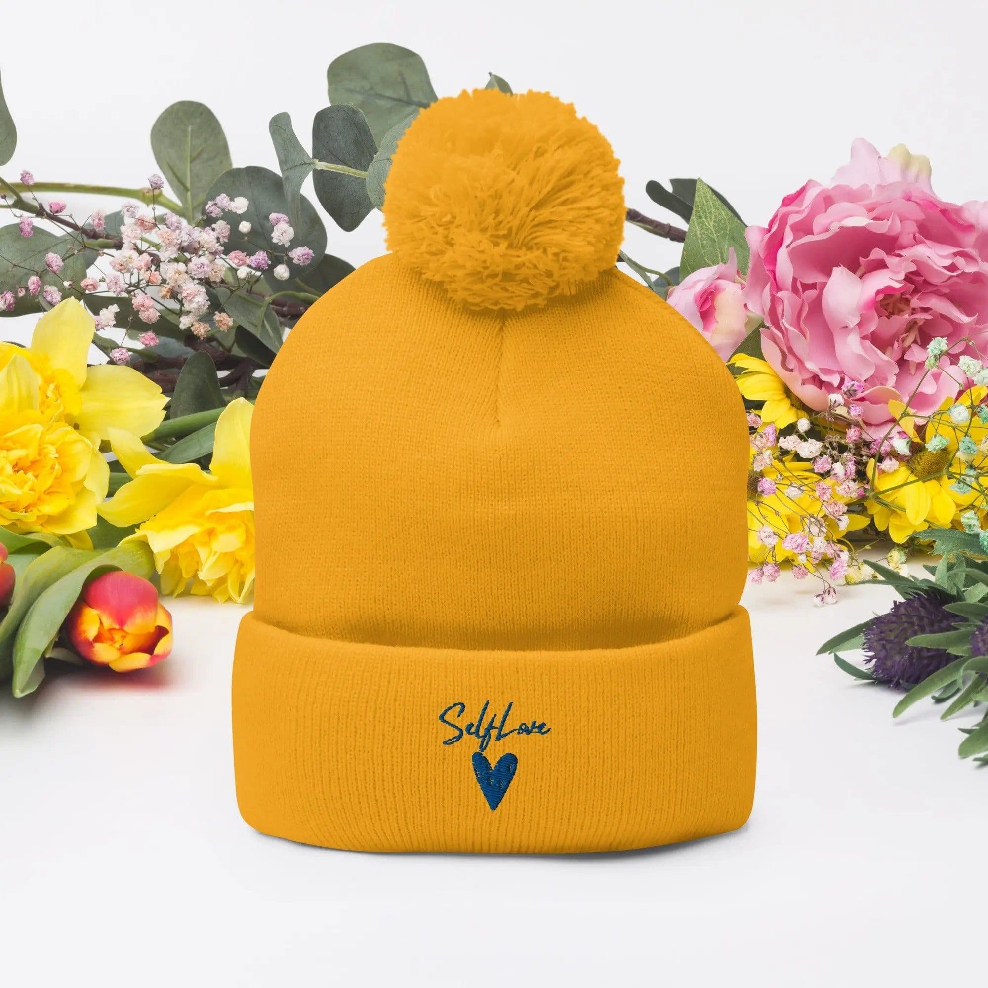 image-Self Love - Pom-Pom Beanie - Winter Beanie with Embroidery