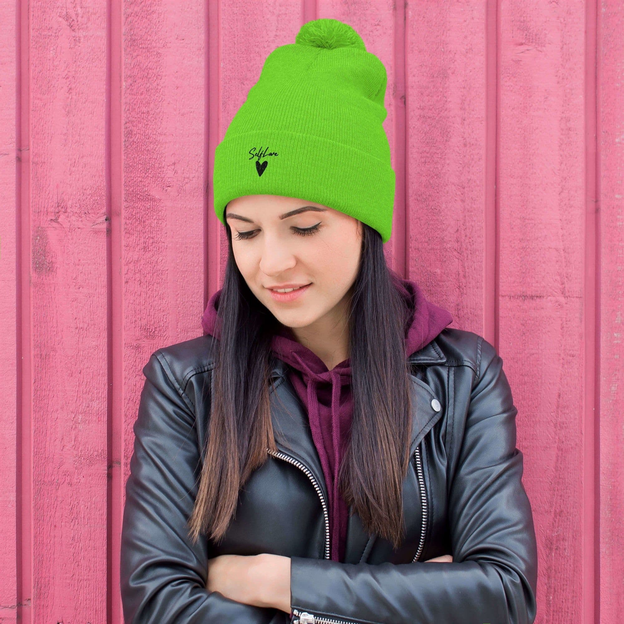 image-Self Love Pom-Pom Beanie - Women's Beanie with Embroidery