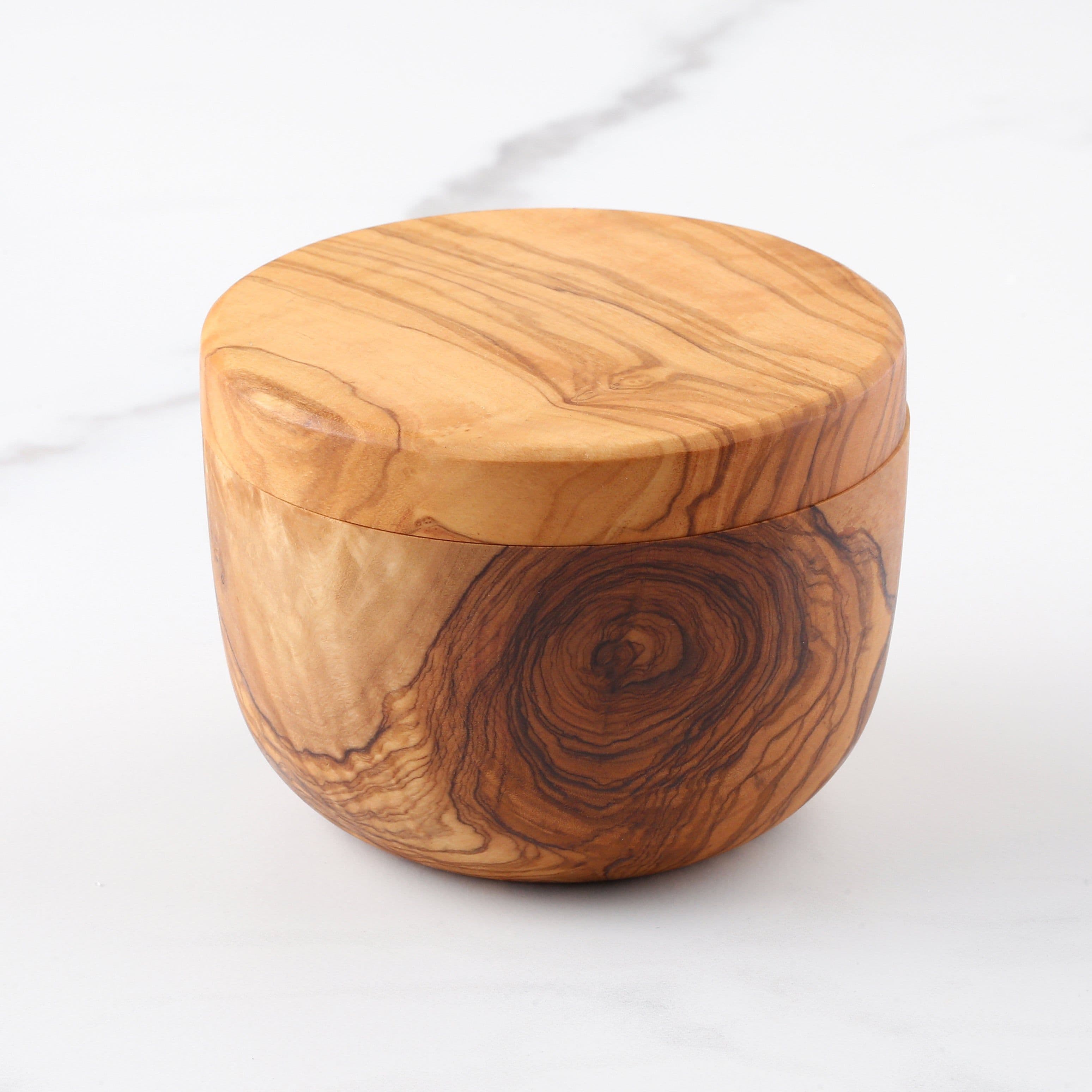 image-Handmade Olive Wood Salt Cellar with Magnetic Lid
