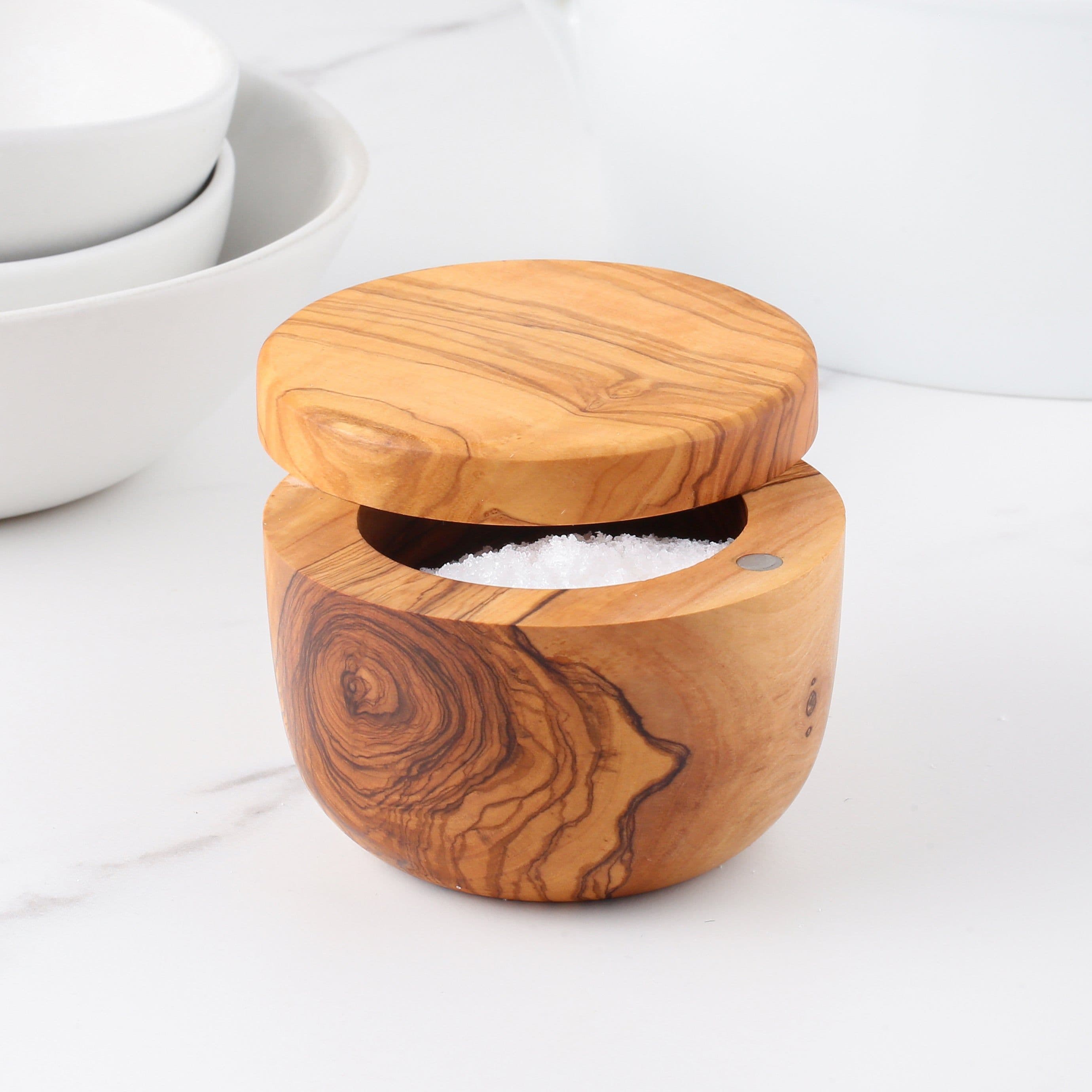 image-Handmade Olive Wood Salt Cellar with Magnetic Lid