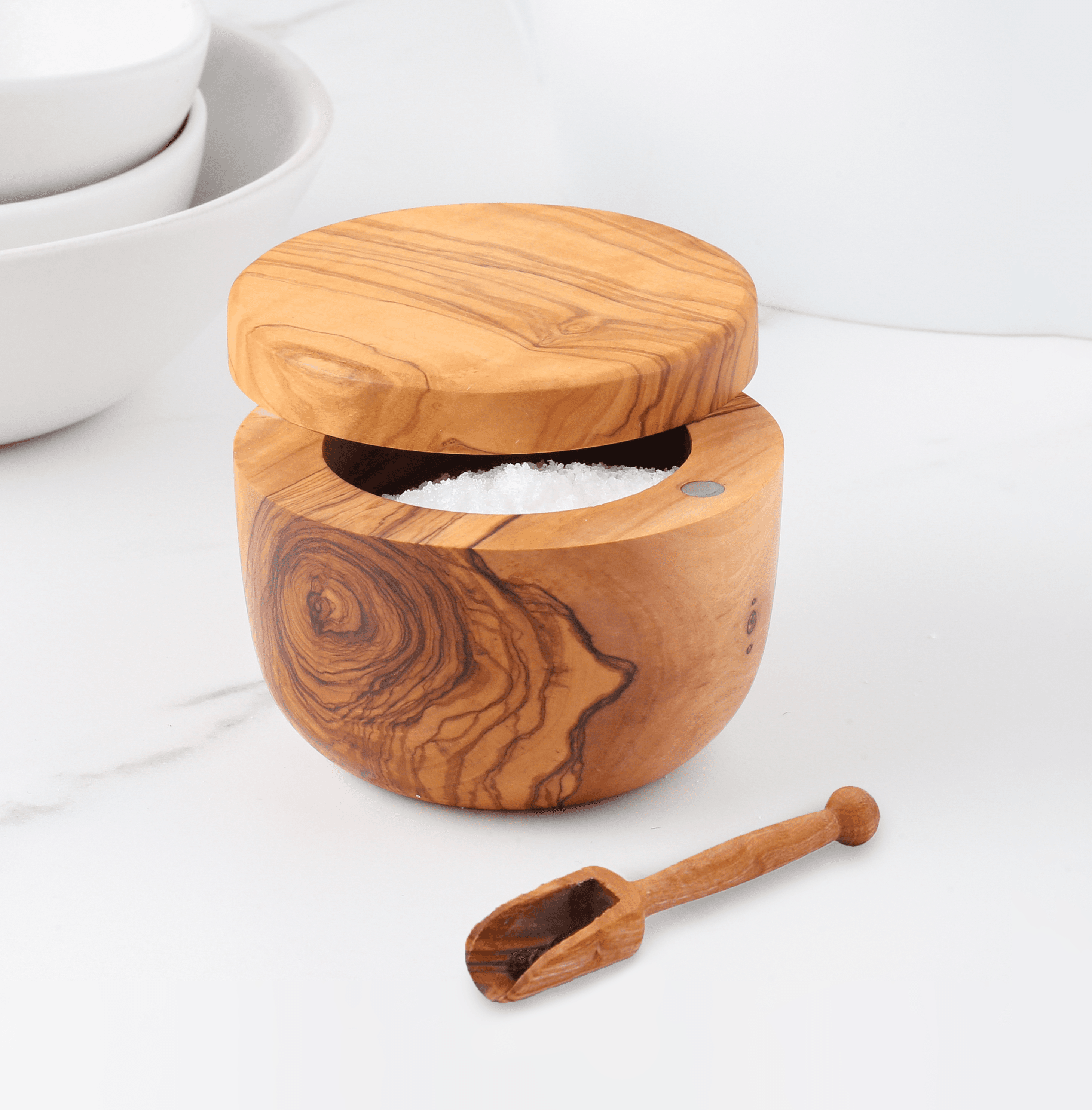 image-Handmade Olive Wood Salt Cellar with Magnetic Lid