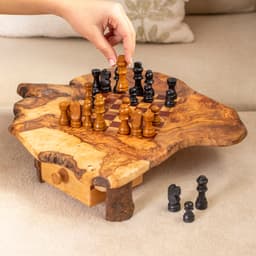 image-Olive Wood Chess Set with Red Squares and Drawers for Home Decor