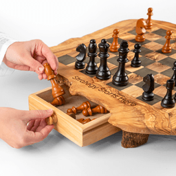 image-Handmade Tunisian Olive Wood Chess Set with Drawers and Wonky Legs