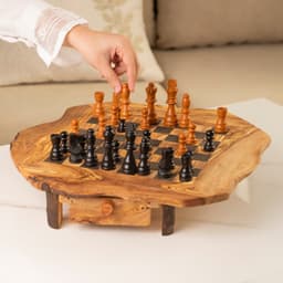 image-Handmade Tunisian Olive Wood Chess Set with Drawers and Wonky Legs