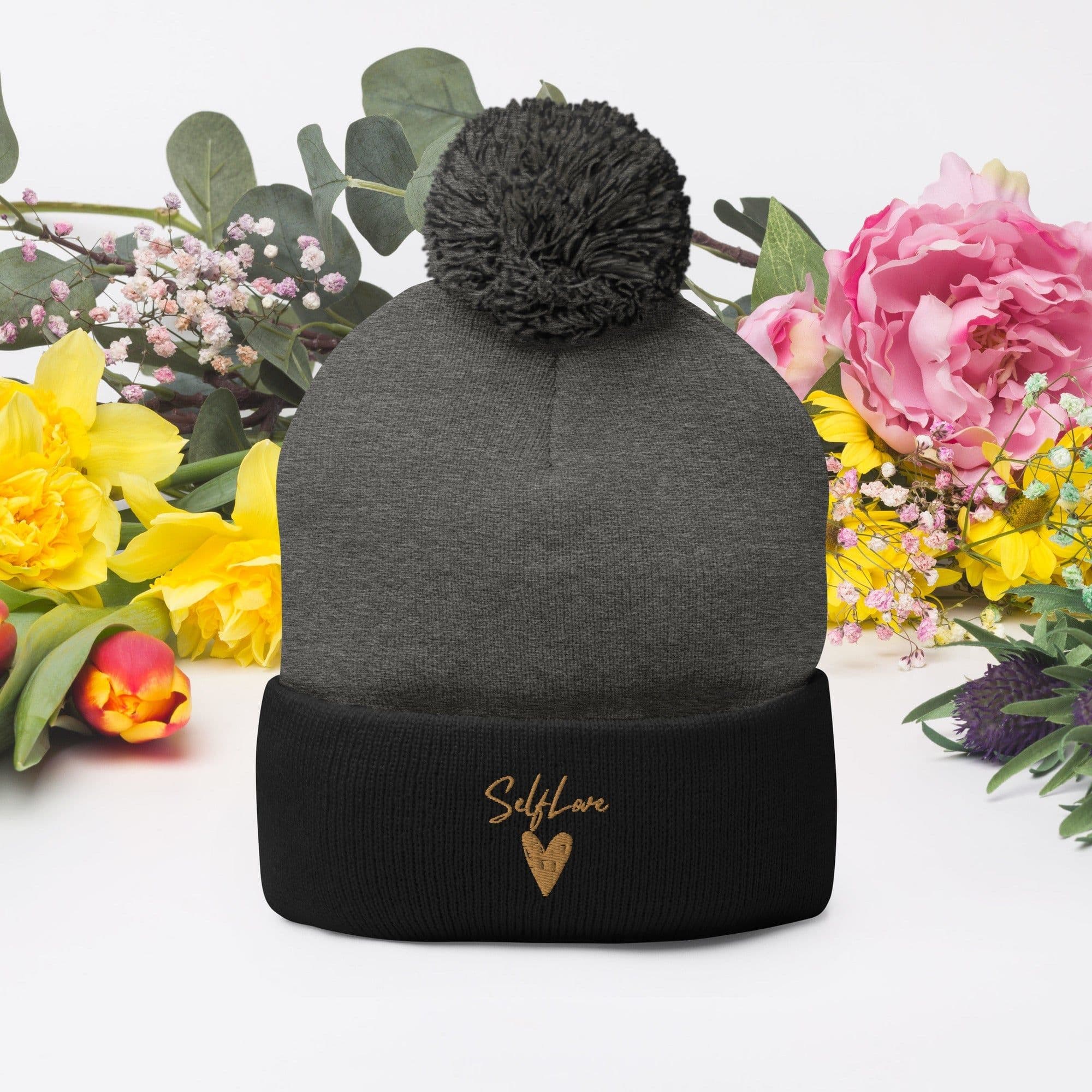 image-Self Love Pom-Pom Beanie - Women's Beanie with Embroidery