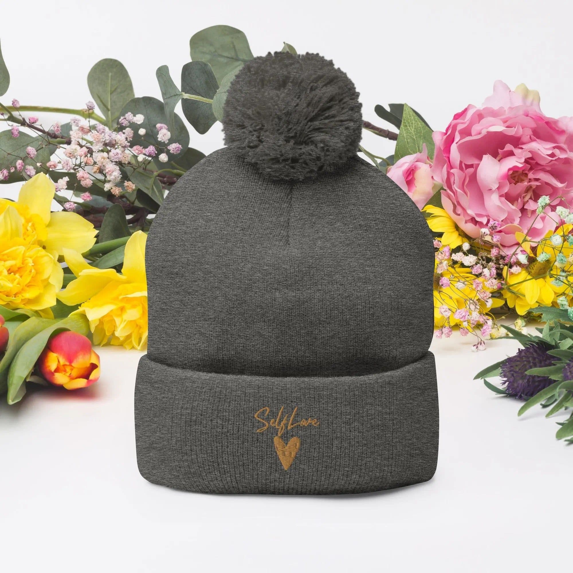image-Self Love Pom-Pom Beanie - Women's Beanie with Embroidery