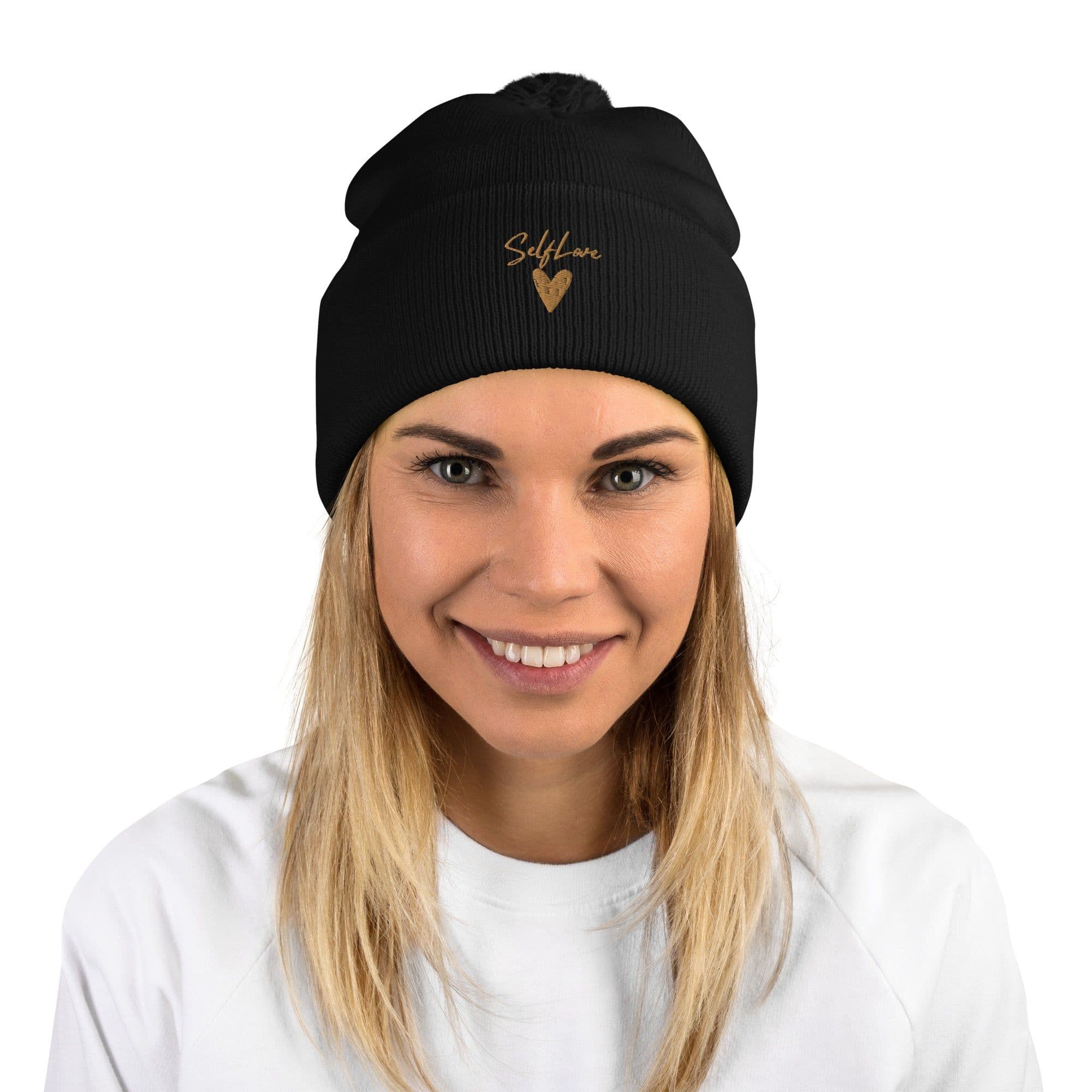 image-Self Love Pom-Pom Beanie - Women's Beanie with Embroidery
