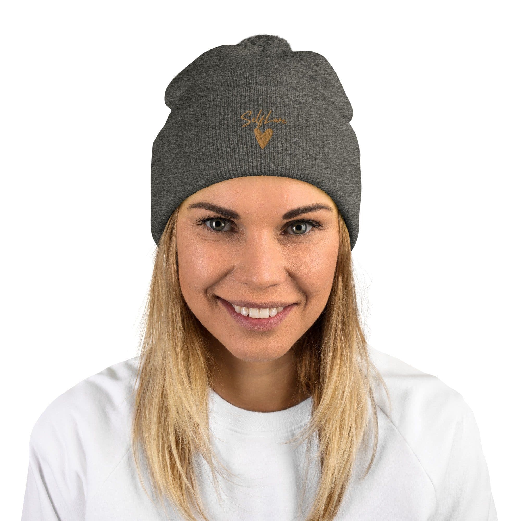 image-Self Love Pom-Pom Beanie - Women's Beanie with Embroidery