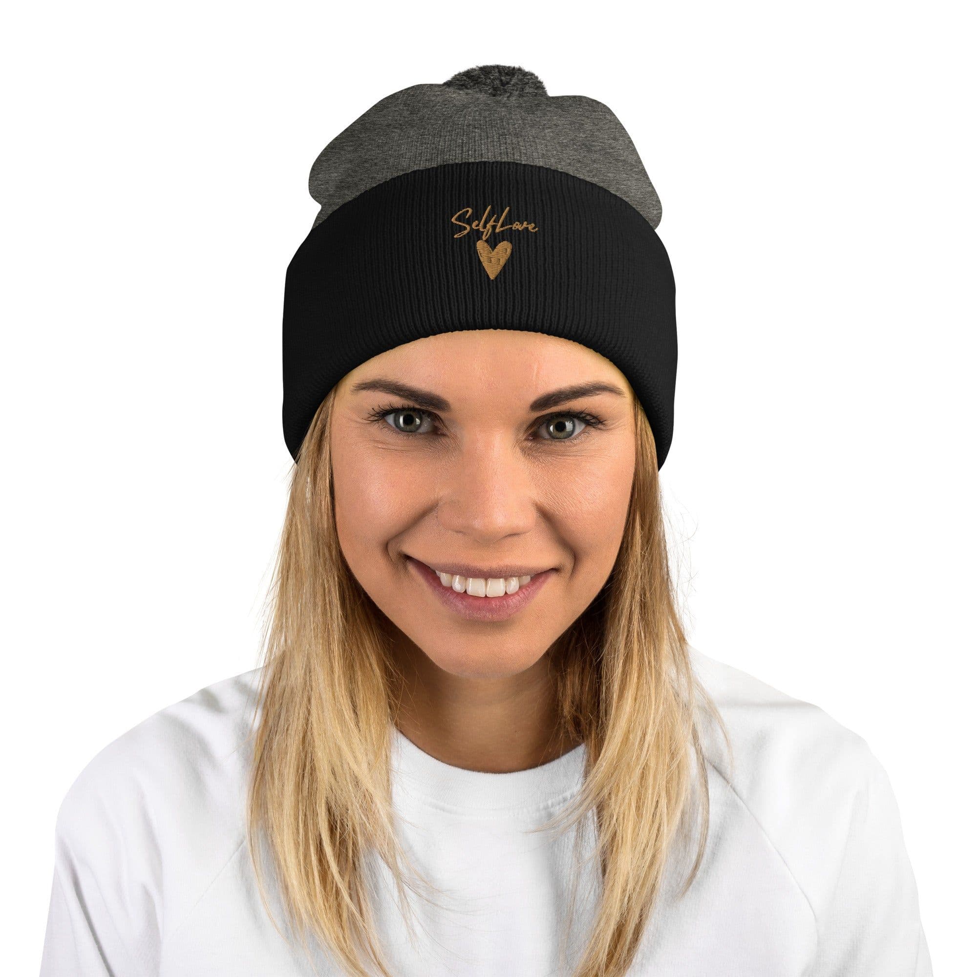 image-Self Love Pom-Pom Beanie - Women's Beanie with Embroidery