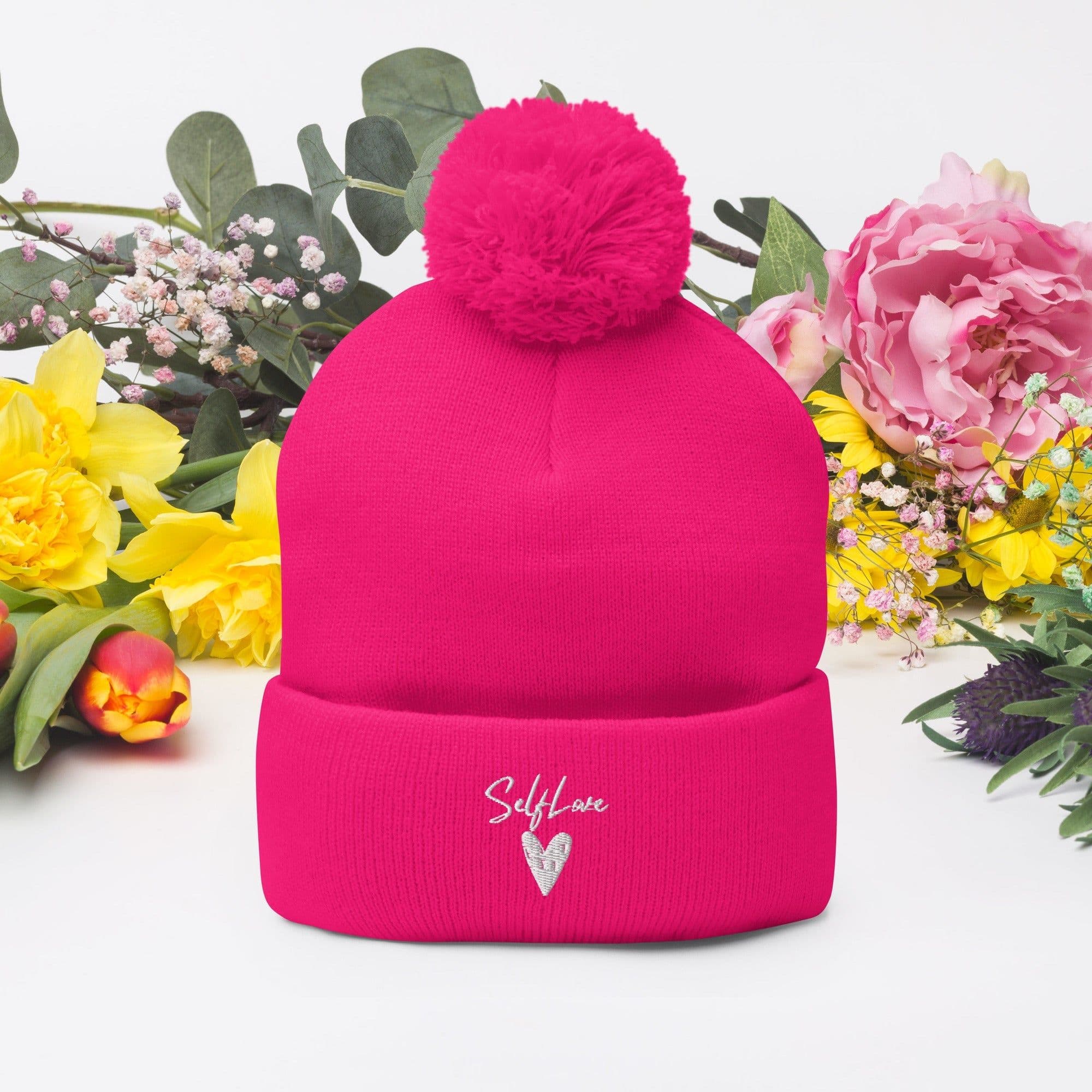 image-Self Love - Pom-Pom Beanie - Winter Beanie with Embroidery