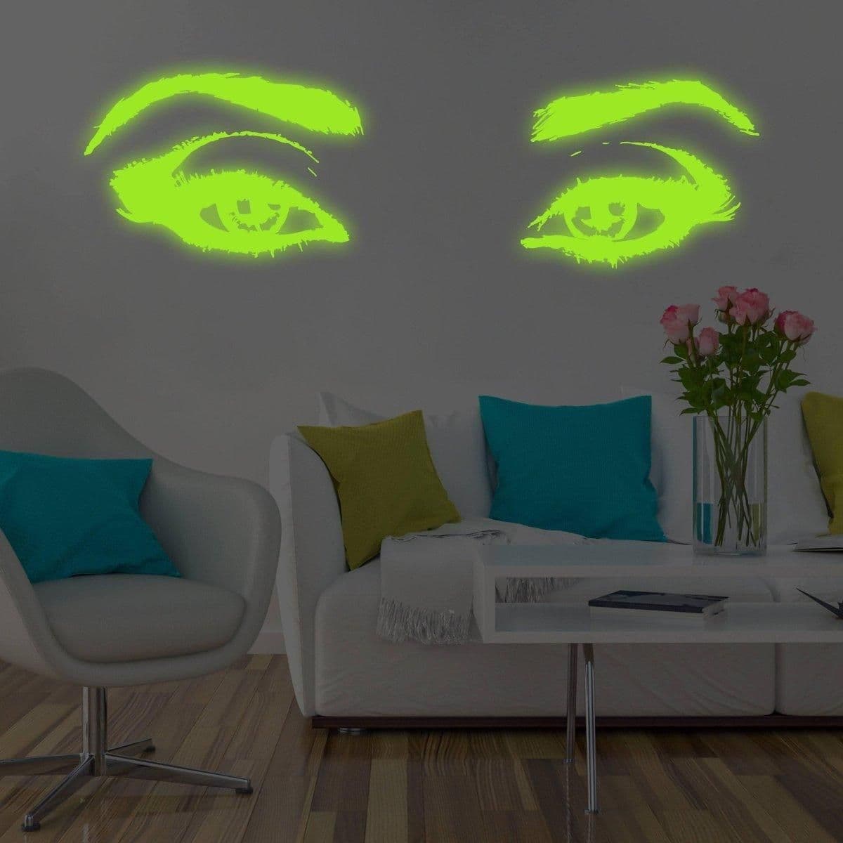 image-Glowing Luminescent Eye Vinyl Wall Decal: Enchanting Wall Sticker Art