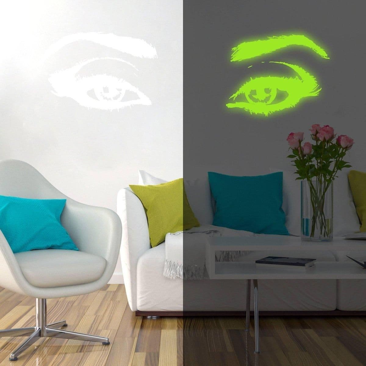 image-Glowing Luminescent Eye Vinyl Wall Decal: Enchanting Wall Sticker Art