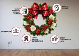 image-Floral Green Wreath Wall Decal with Red Bow - Christmas Decor Sticker