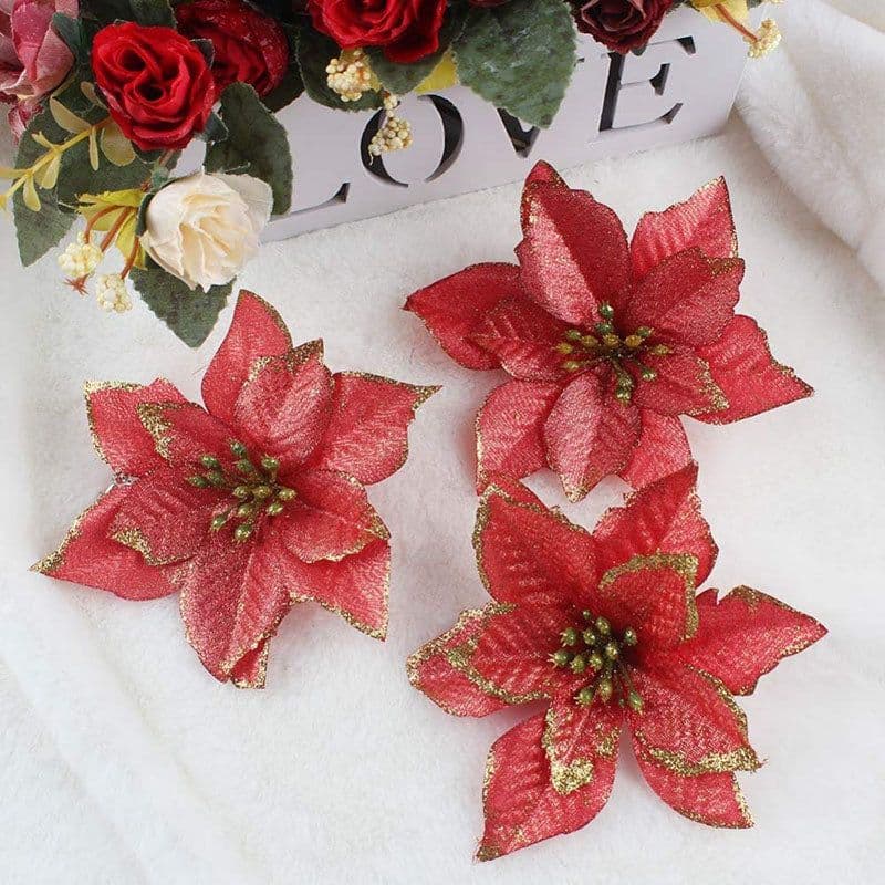 image-10pcs Artificial Flowers Christmas Decoration Red