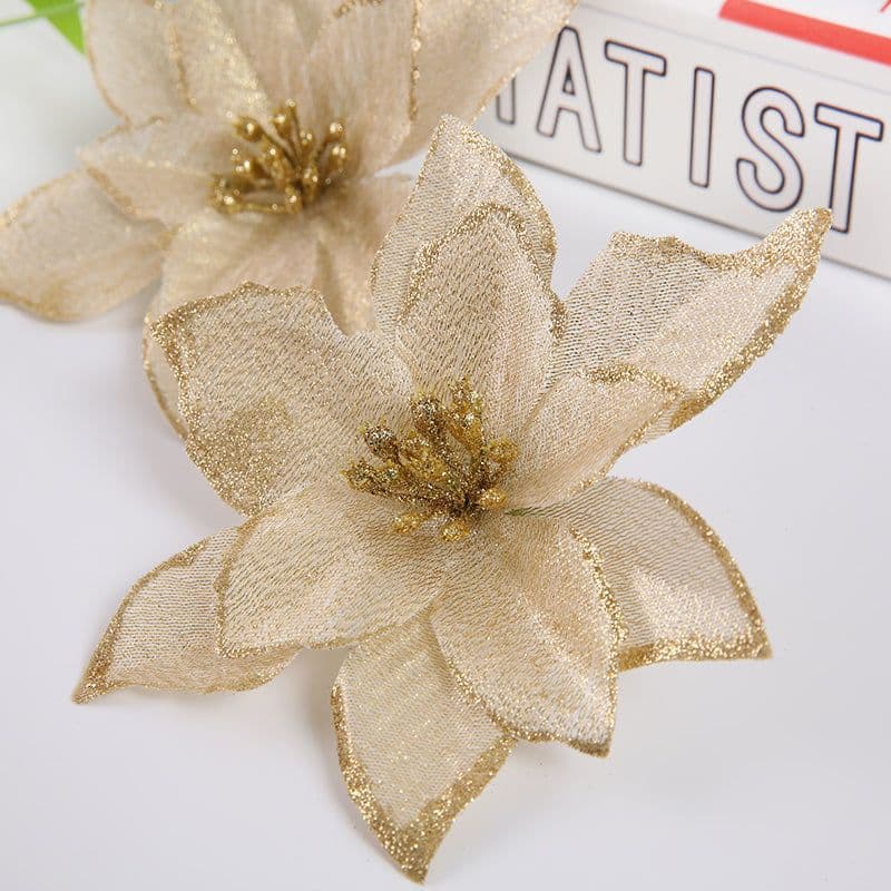 image-10pcs Artificial Flower Christmas Decoration Gold