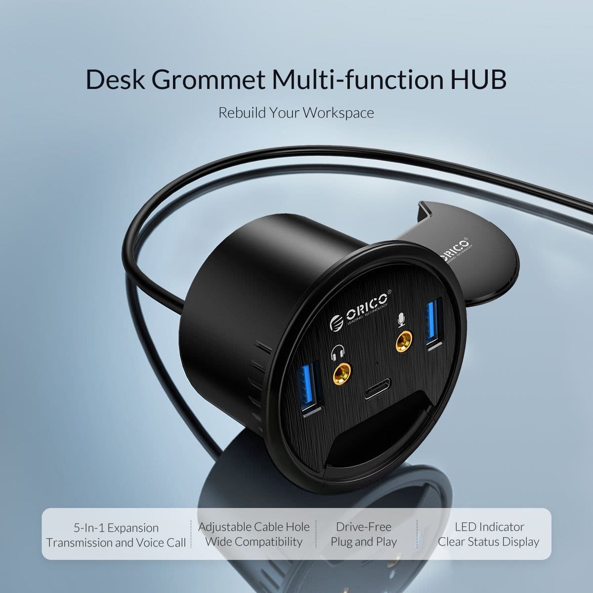 image-Desktop Grommet USB 3.0 HUB With Headphone Microphone Port