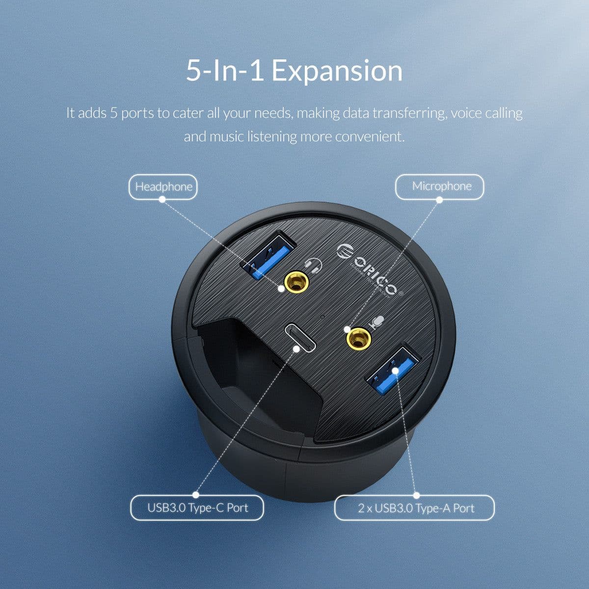 image-Desktop Grommet USB 3.0 HUB With Headphone Microphone Port