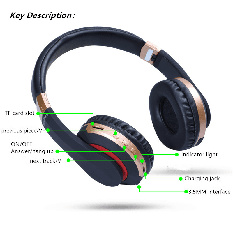 image-Stereo Earphones Music Headset Wireless Bluetooth Headphones with Mic
