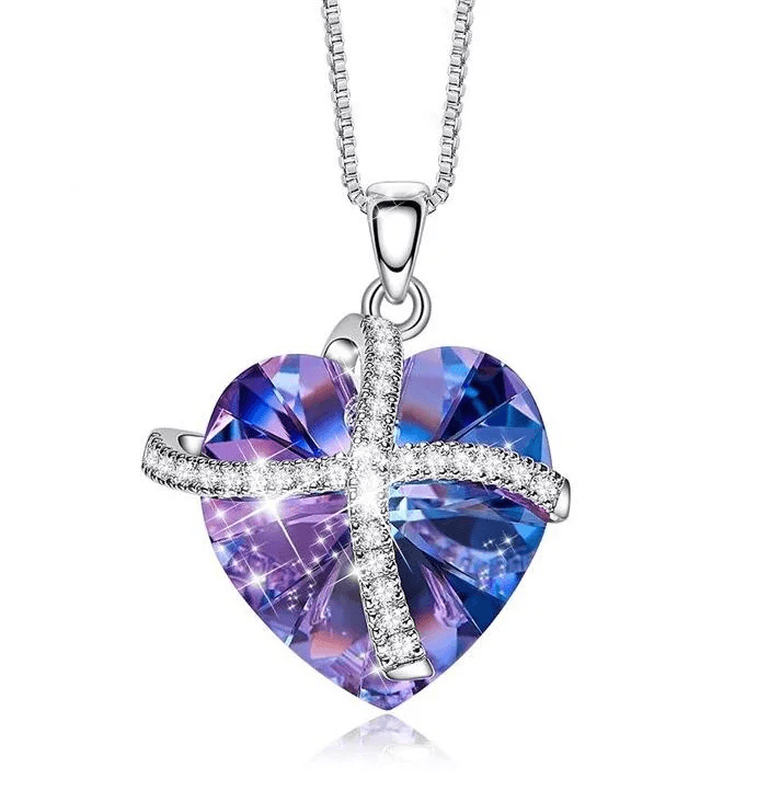 image-Austrian Crystal Purple Passion Pave Heart Ribbon Necklace