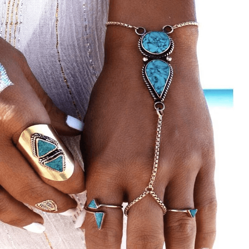 image-Turquoise Hand Bracelet 18K Gold Plated Bracelet