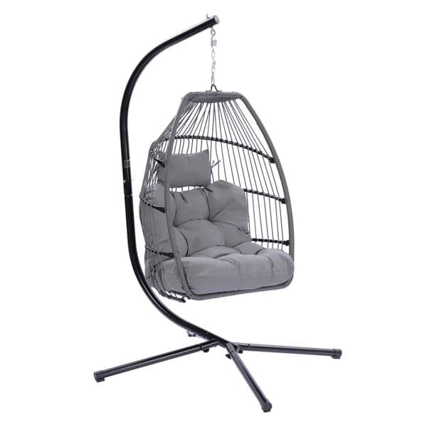 image-Patio Wicker Folding Hanging Chair With Cushion And Pillow